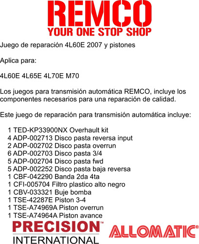 Kit Reparacion Transmision Aut 4l70e Astro Van 2007 7.0l