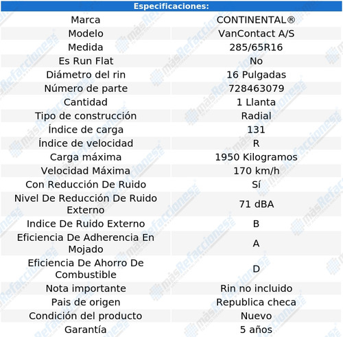 Llanta 131r Continental Vancontact A/s 285/65r16