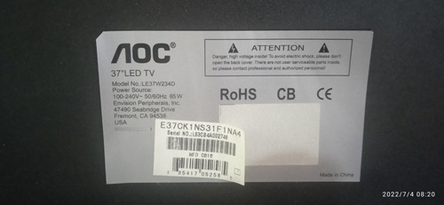 Imagen 2 de 2 de Tarjeta T-com Tv Aoc Modelo Le37w234d