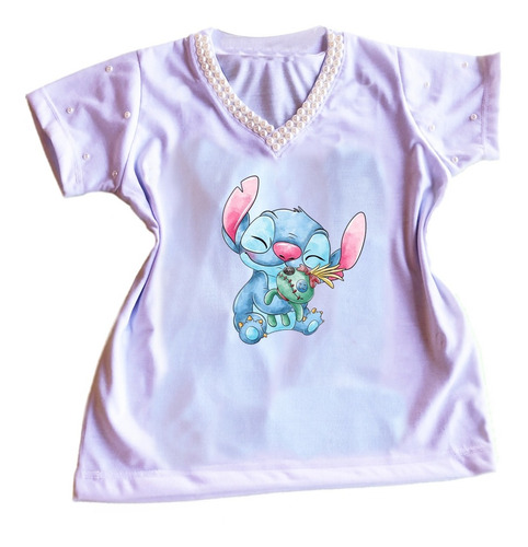 Tshirt Baby Look Blusa Stitch Camiseta Com Pérolas