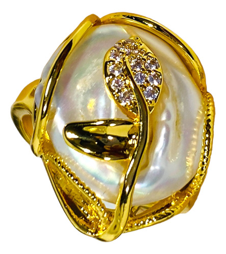 Anillo Perla Barroca Blanca Natural Bañado En Oro