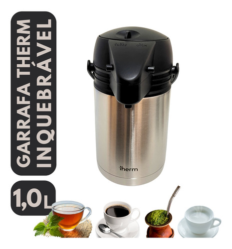 Garrafa Térmica 1l Inquebrável Aço Inox Com Ampola Para Café Chá Chimarrão