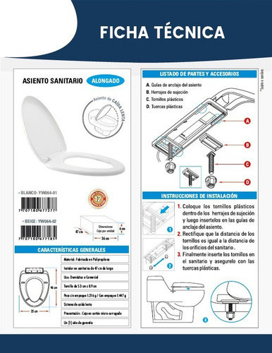 Tapa Asiento Alongado Caída Lenta Blanca