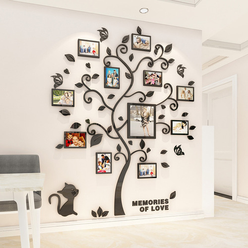 Gran Calcomanía De Árbol Familiar 3d Con Marcos De Fotos En Vinilo, Autoadhesiva, Con Frases Removibles, Hojas Y Gatitos, Decoración De Pared Para Sala, Cuarto Infantil O Guardería (lado Izquierdo)