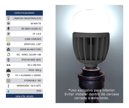 Foco Led Lámpara Industrial Ala-019 E26 30w Blanco Frío Blanco
