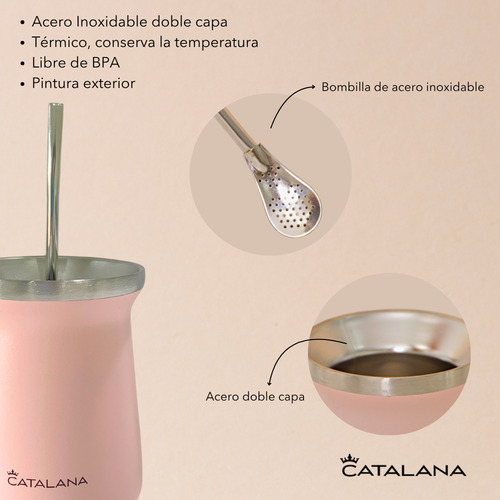 Kit Termo 1l + Mate 236ml Doble Acero Inox Frio Calor 20hs Rosa