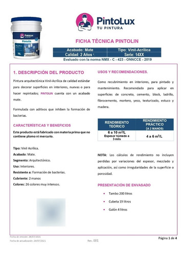 Pintura Pintolux Pintolin Galón 4 Litros Vinil Acrílica