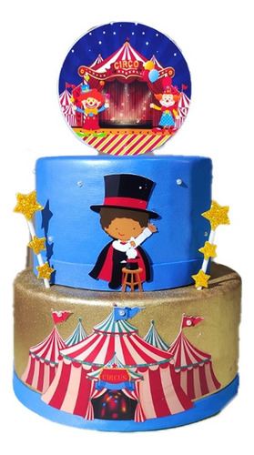 Bolo Fake Circo Dourado Com Topo - Ideal Pegue E Monte