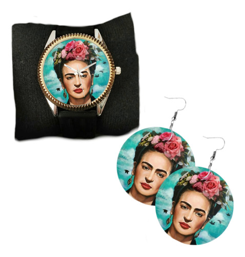 Reloj Para Dama Frida Kahlo  + Aretes Frida Kahlo 