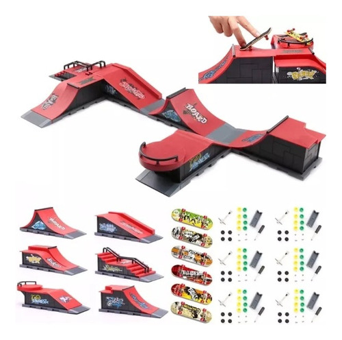 Kit de pista en miniatura para skatepark, diapasón, patín, rampas para dedos, ruedas, patín rojo