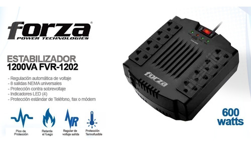 Estabilizador de tensión Forza FVR 1200VA Series FVR-1202USB-A 1200VA entrada y salida de 220V CA negro