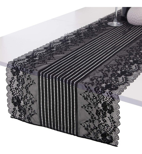 Camino De Mesa De Encaje Negro 33 X 155 Cm, Decoración Bohem