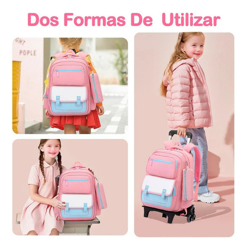 Mochila De Carrito Sobre Rodillos Mochilas Escolares 3 Piezascon Lonchera Y Estucheadecuado Para Estudiantes De Primaria, De 3 A 6 Años, Impermeable Diseño De Tejidos Impermeables