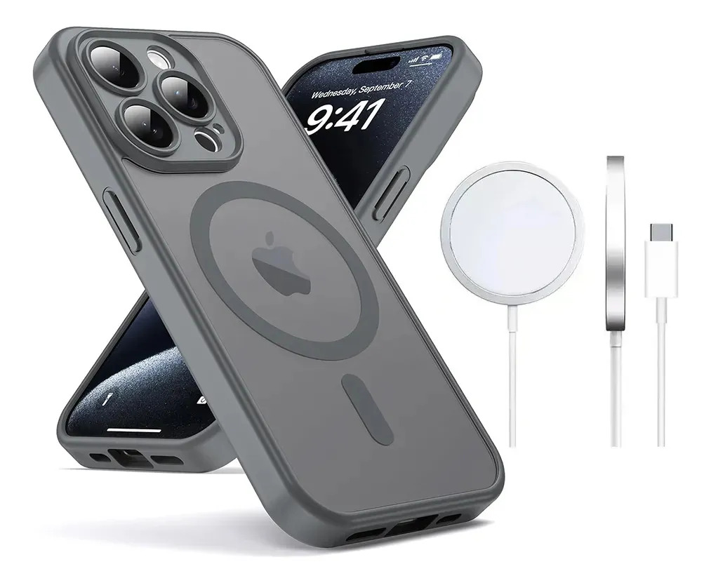 Imagen de Funda Case Para Iphone Gris Con Magsafe + Cargador Inalambrico Uso Rudo Antideslizante Mate Translúcido A Prueba De Golpes Para iPhone 11 Pro Zacateq