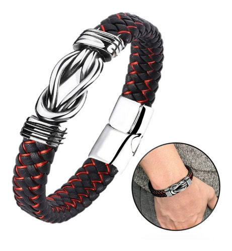 Pulseira Masculina Vermelha Couro Trançado Preto Fecho Imã