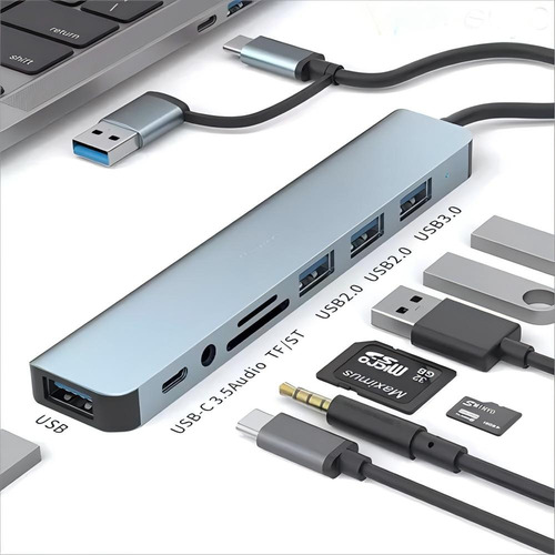 Hub USB-C 8 em 1 - Extensor com Leitor de Cartão SD/TF, Compatível com mac,windows e Outros Dispositivos | extensor usb | usb hub