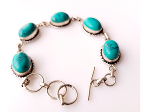 Pulsera En Plata 925 Labrada Y Piedra Simil Turquesa