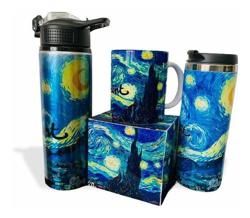 Termo + Taza + Cilindro Para Agua Noche Estrellada -van Gogh