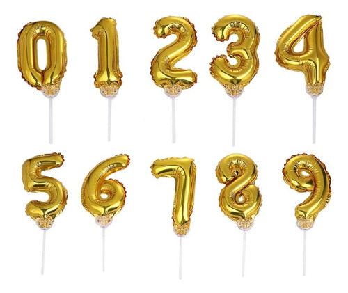 Set De Globos De Numero Autoinflables 15cm 0-9 10pzas Color Dorado Numeros Pastel