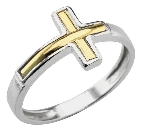 Anillo Cruz De Plata Y Oro Horizontal Religioso Mujer 