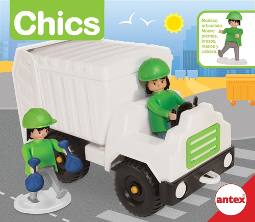 Chics Camion Recolector De Basura Con Muñecos Antex 9903 Color Blanco con verde Personaje Camion Recolector Residuos