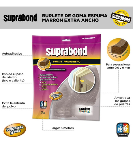 Imagen 2 de 6 de Burlete Suprabond Goma Espuma Extra Ancho 5 Metros Marrón