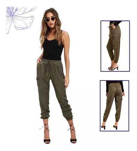 Pantalón Verde Cargo De Mujer Jogger Satín Jareta