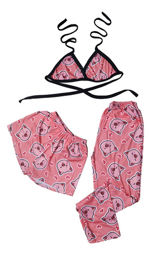 Pijama De Mujer 3 Piezas Short Pantalon Y Top Gatitos Dama
