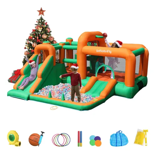 Castillo Inflable Niños, Tobogán, Pozo de pelotas, Cesta de Baloncesto, Agujeros de Lanzamiento, Decoración Muñeco de Nieve, Soplador de 680 W | Leroy Merlin