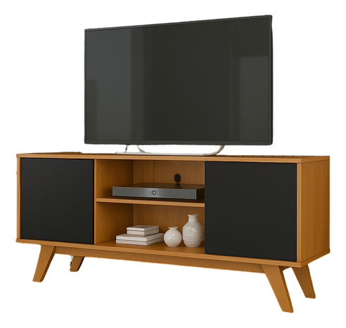 Balcão Rack Para Tv Até 50 C/ Pés De Madeira Cedro/preto
