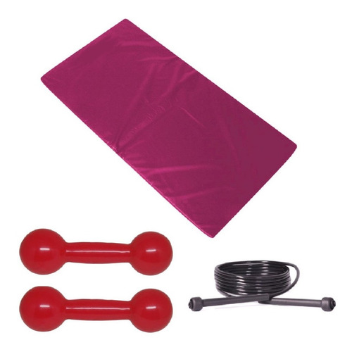 Kit Colchonete Rosa+ Par Halter Bola Emborrachado 1kg+ Corda