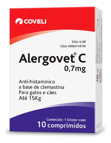 Alergovet C 0,7mg 10 Comp Coveli Para Gato Cachorro Até 15kg