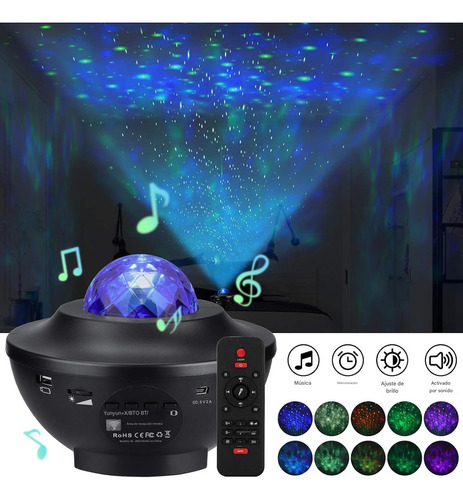 Proyector Luz Galaxia Estrellas Led Parlante Velador Lampara Negro Multicolor