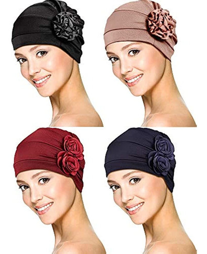 4 Piezas Turbante Flor Envoltura De Cabeza Gorro Bufanda Gor