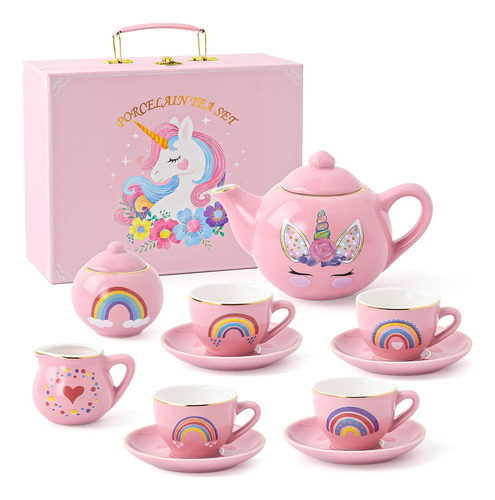 Juego De Té Porcelana De Unicornio Para Niños, 13 Pzs, Rosa