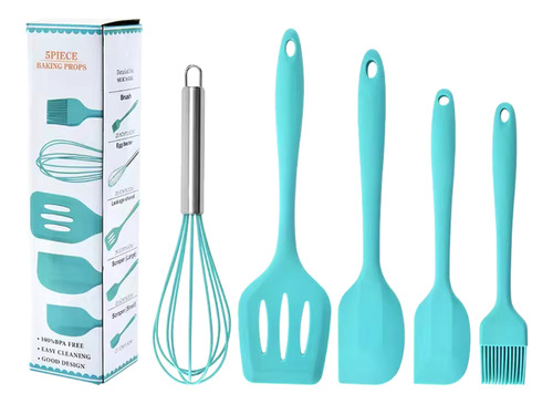 Kit 5pçs Utensilio Cozinha Colher Espatula Silicone Maciço Cor Azul