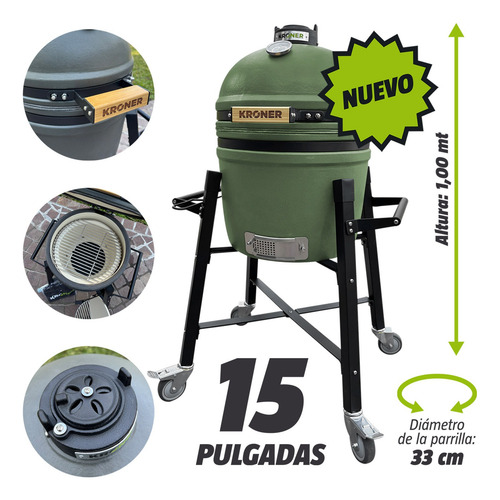 Kamado Parrilla Ahumador 15 Pulgadas Cerámica C/rueda Kroner
