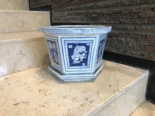 Maceta Hexagonal Azul Con Blanco De Porcelana China Blanco Con Azul