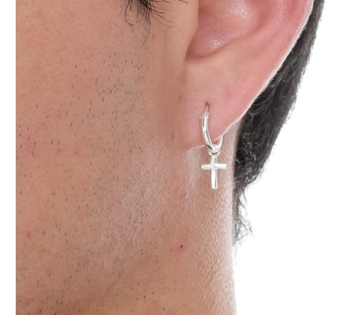Imagem 2 de 5 de Brinco Feminino E Masculino Argola Com Cruz Prata 925 11 Mm