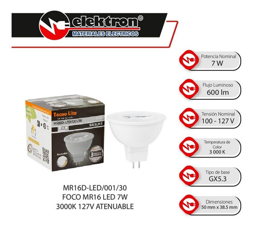 Imagen 3 de 7 de Foco Led Mr16 Tecnolite 7w 3000k Mr16d-led/001/30 Atenuable