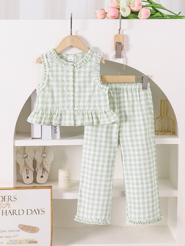 Conjunto De Blusas Sin Mangas Y Pantalones Rectos A Cuadros