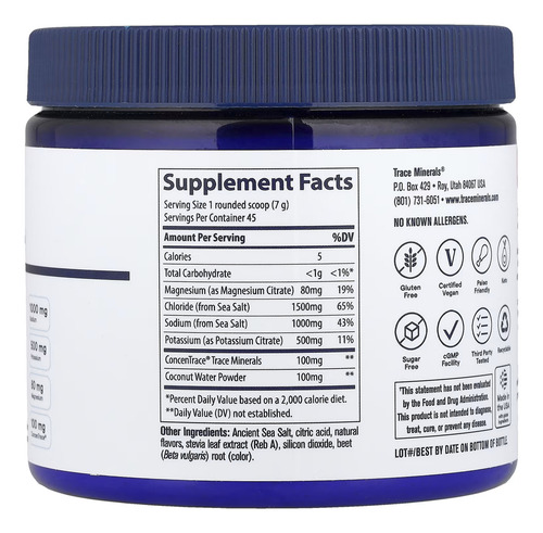 Trace Minerals Zerolyte Electrolitos En Polvo Bote 328g Sabor Limonada De Bayas Saladas