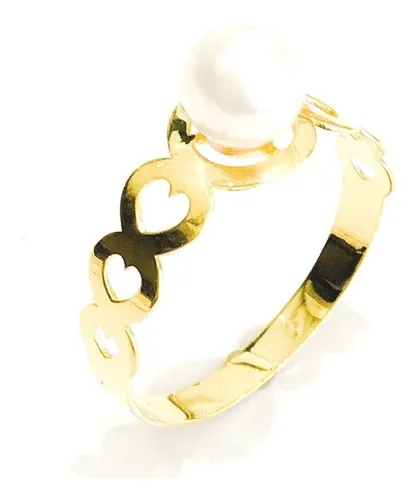 comprar Anel Ouro 18k Com 3 Corações Vazados Na Lateral E Pérola 6mm