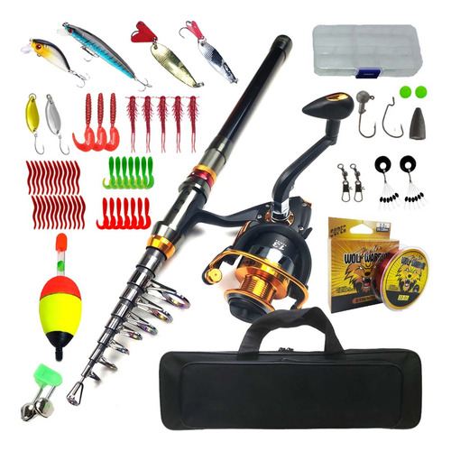 Kit Pesca 2.4m Caña Carrete Señuelo Accesorio Bolsa Completo