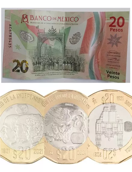 Billete +3 Monedas 20 Pesos Bicentenario 2021 Dodecagonal