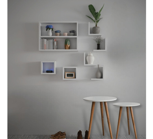 Kit 7 Prateleiras Nicho + Kit De Mesas Laterais Decora Sala Cor Branco