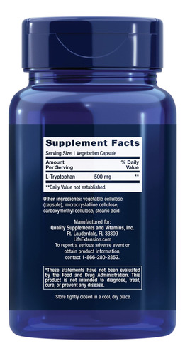 Life Extension, L-triptófano 500 Mg, L-tryptophan 90caps Sabor Sin Sabor