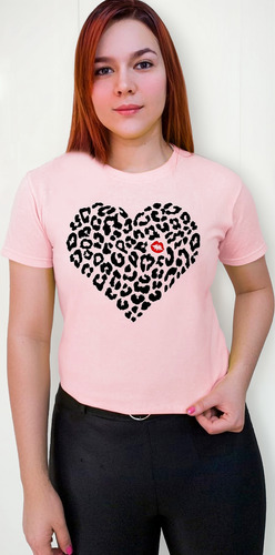 Polera Dama Estampada 100%algodon Corazon Animal Print Beso