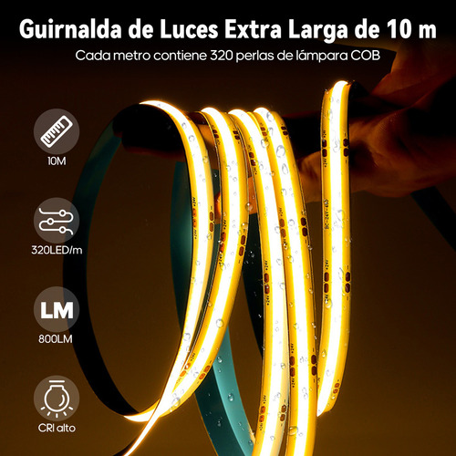 10m Tira Luz Led Cob Flex Interiors Regulador 320leds/m Luz Blanco Cálido