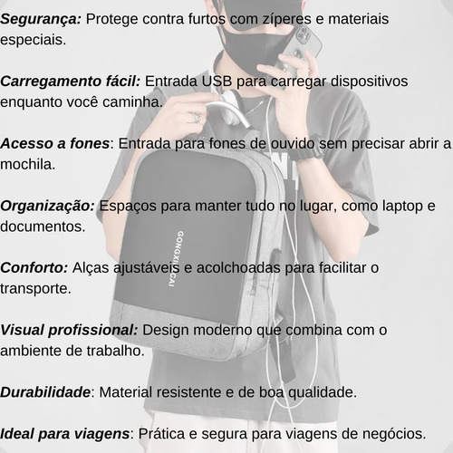 Mochila ManoThor Antifurto Executiva Com Cadeado Trava Segurança Conector USB Saída Fone Ouvido Porta Notebook Resistente Reforçada Grande Anti Furto Masculina Feminina Trabalho Faculdade Escola